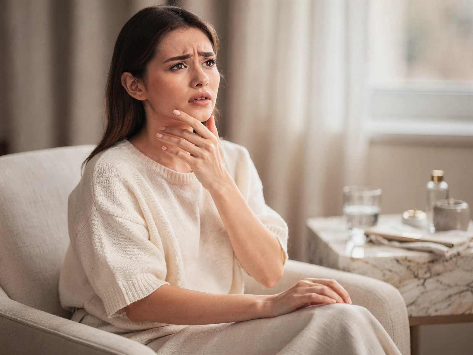 Woman holding her cheek in discomfort, appearing to experience dental pain